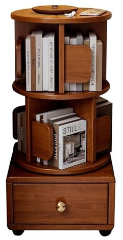 Bücherregal Bücherschrank Um 360° Drehbares Bücherregal, 2-stöckiges Bücherregal Mit Schublade, Bodenstehendes Bücherregal Aus Holz Mit Rollen Büroregal Aktenschran ( Color : Walnut color , Size : 42*