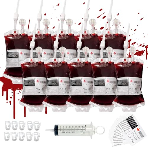 10 bolsas de sangre para bebidas de 350 ml, reutilizables, bolsa de sangre intravenosa, bolsas de bebidas de Halloween con clip adhesivo de grupo sanguíneo y jeringa de bebidas, bolsa de jugo para