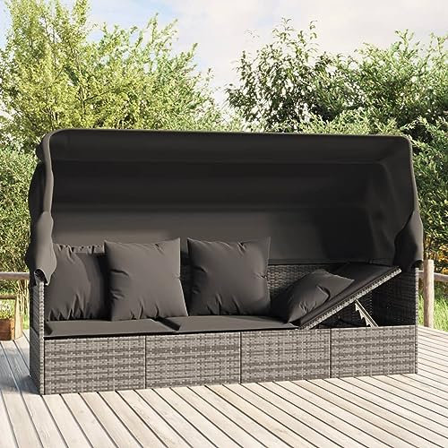 Festnight Gartensofa mit Sonnendach Rattan Sofa Liege Bank Balkon Lounge Sofa Outdoor mit Dach Rattansofa Sonnenliege Gartenliege Verstellbar Balkonmöbel Gartenbank mit Liegefunktion Liegesofa