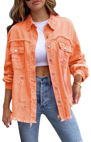 amropi Chaqueta Vaquera para Mujer Blusa Ligero Chaqueta con Bolsillos y Botones Jean Jacket Naranja, S