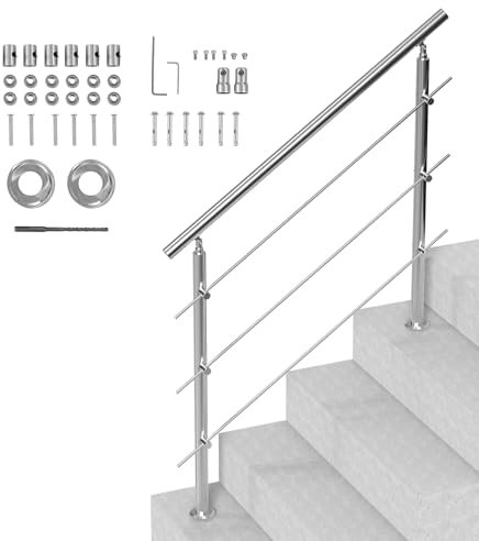 VEVOR Pasamanos de Escalera 120 cm Barandilla de Escalera para Escalones Exteriores de Acero Inoxidable 3 Travesaños con Kit de Instalación Barra de Agarre para Personas Mayores, Porche, Patio
