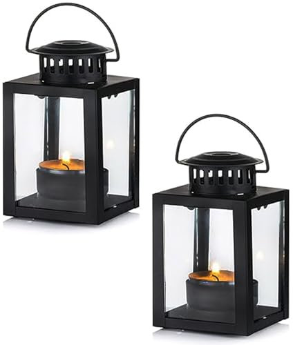 HNJZX Lanterne nere decorative per candele da giardino, 2 pezzi, in stile vintage, piccole lanterne da appendere, per lumini neri, per interni ed esterni, eventi, feste di compleanno