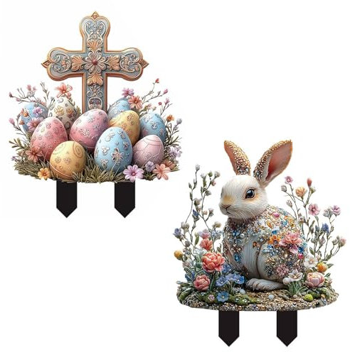 Xnferty 2 Stück -Hofschilder, 30 cm, Acryl, Hasen-Gartendekoration, Kreuz, Rasenpfähle, Hofkunst, Tiere, Gartenpfähle, Hase, Dekorative Gartenpfähle, Osterschilder für