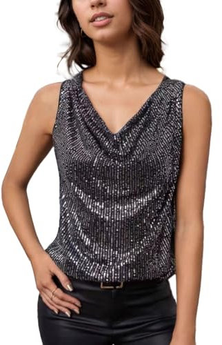 EMOTTOS Damen Pailletten Swing-Ausschnitt Oberteile, Ärmellos Sparkle V Ausschnitt Camisole Vest, Elegant Glitzer Tank Tops Slim Fit Top Sommer Party Club für Frauen, Schwarz, M
