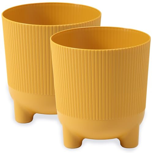 PECZEKO Lot de 2 pots de fleurs mats avec pieds - Pot décoratif pour grandes et petites plantes - Diamètre : 16 cm - Moutarde