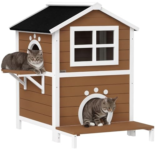 PawHut Katzenhaus aus Holz Katzenhöhle mit Fenster, Balkon, Wetterfest Katzenhütte mit 2 Ebenen, herausnehmbarem Boden, für 1-2 Katzen, Indoor, Outdoor, 66 x 66 x 90 cm, Braun