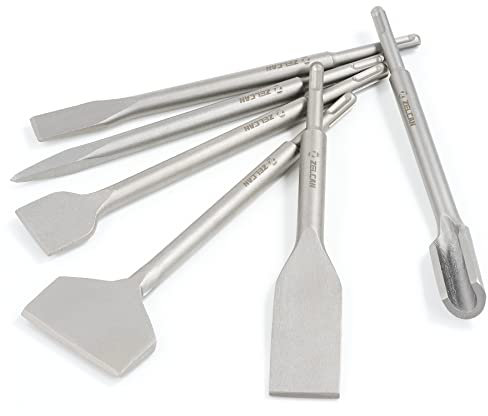 ZELCAN Chisel Set with SDS Plus Shanks, 6pc Masonry Concrete Drill Bit Set, Tile Grooving Scraping Flat Point Scaling Chisels 40Cr Steel Rotary Hammer Drill Tool Kit SDS Plus Bits for Home Improvement