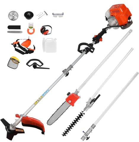 Decespugliatore a gas a 2 tempi da 52 cc, strumento di potatura multifunzione 5 in 1 con decespugliatore, sega a palo, tagliasiepi, asta di prolunga, per paesaggistica e cura del prato, rosso