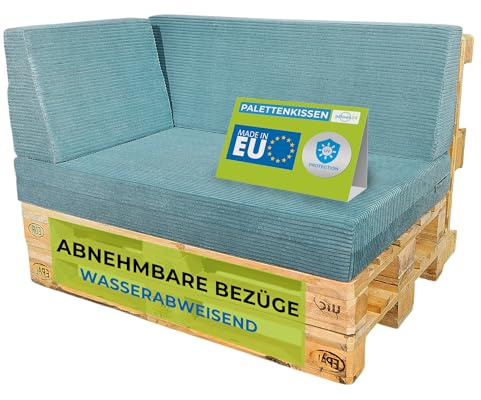 Pillows24 Palettenkissen 3er Set aus Cord, Abnehmbarer Bezug | Sitzkissen & Rückenkissen für Europaletten 120x80, Weiche Palettenauflage für Haus, Garten, Balkon, Made in EU, Hellblau