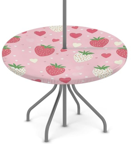 Woltant Nappe ronde avec trou de parasol et fermeture éclair facile à nettoyer avec bords élastiques - Protection de table d'extérieur pour jardin, terrasse, barbecue (fraises et cœurs)