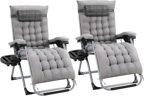 TLGREEN 2er Set Sonnenliege Liegestuhl, klappbare Gartenliege, Verbreitert mit Kissen, Wetterfest, Verstellbare Rückenlehne, mit Kopfstütze, Getränkehalter, Belastbar 160 kg, für Garten, Pool (Gray)