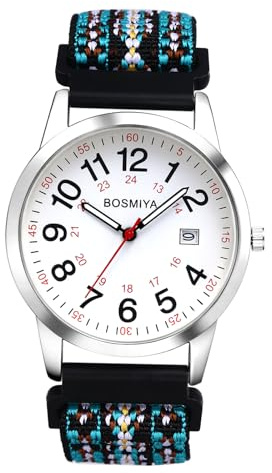 JewelryWe Boho Uhr mit Geflochten Elastischem Stoffarmband Damen Herren Kalender Analog Quarz Armbanduhr Farbig Gewebt Stretcharmband Senioren Uhr mit 12/24 Stunden Großen Zahlen Zifferblatt