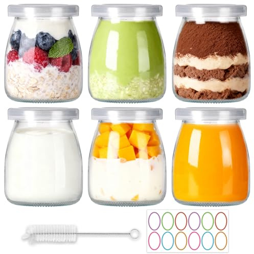 EkkoVla 6 Pack 200ml Small Glass Jars with Lids | Reusable Yoghurt Jars with Plastic Caps – Mini Pudding Bottles for Homemade Yoghurt, Jams, Dessert