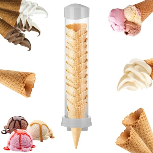 Tressify Tubo per coni gelato 40,6 x 8,4 cm, con piastra magnetica e cuscinetto adesivo, anelli in silicone, dispenser trasparente per coni a nido d'ape