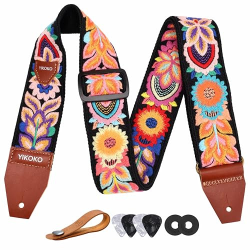 YIKOKO Sangle de guitare 5,1 cm en coton avec extrémité en cuir pleine fleur, pour guitares basses, électriques et acoustiques