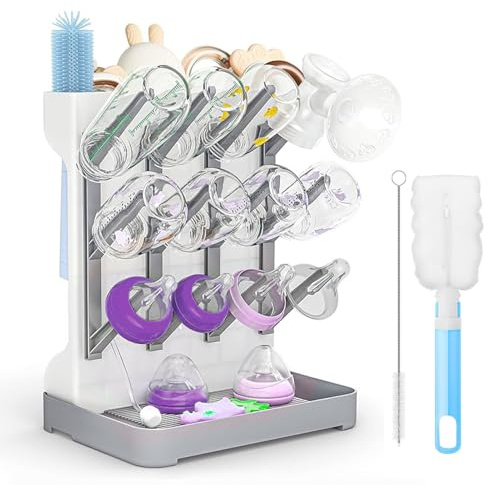 Baby Bottle Drying Rack, Large Water Bottle Drying Rack for Newborn with Removable Drip Tray Space Saving Drainer Rack for Baby Bottles and Pump Part Cleaning