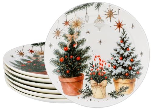Potchen 6 Pcs Christmas Salad Plates Set 8 Christmas Ceramic Dessert Appetizer Dinner Snacks Plates Decorative Winter Holiday Tableware Gift for Party Table Kitchen Decorations