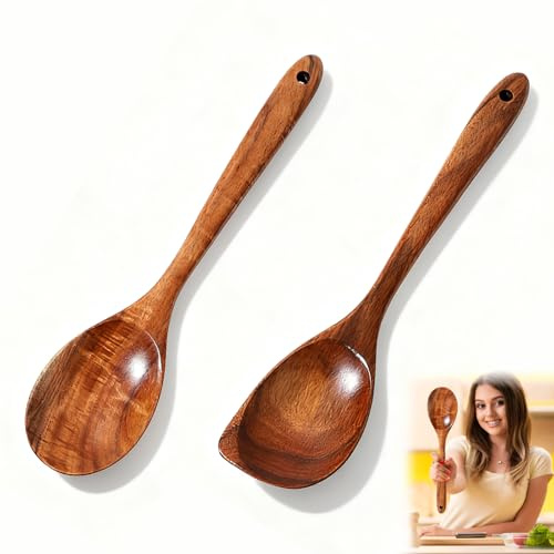 Large Wooden Spoon, 2 PCS Wooden Spoons for Cooking Natural Teak Wood Spoons Heat Resistant Wood Cooking Utensils Woods Corner and Round Spoon Set for Home Kitchen Cooker