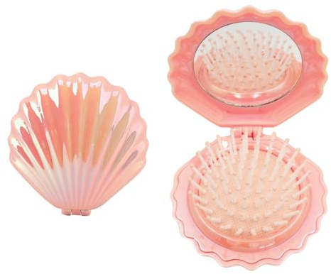 Homiladi Folding Hair Brush Shell Shaped | 1Pcs Foldable Travel & Pocket Hair Brush with Mirror | Portable Seashell Cute Mini Massage Comb and Compact Makeup Mirror for Girls Women​(Pink)