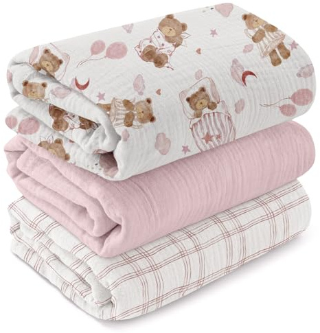 GLLQUEN 3er Pack Pucktuch Baby 95x100 aus 100% Baumwolle Swaddle Decke | Weiche Musselin Babydecke, atmungsaktives Wickeltuch für Neugeborene, multifunktionale Puckdecke, Unisex(Kleiner Bär)