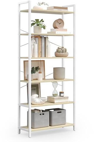 VASAGLE Regal, Bücherregal, Standregal, DVD-Regal, mit 6 Ebenen, Büroregal, offene Ablagen, für Büro, Wohnzimmer, Schlafzimmer, Küche, 30 x 64 x 185,5 cm, naturbeige-mattweiß LLS062LL01