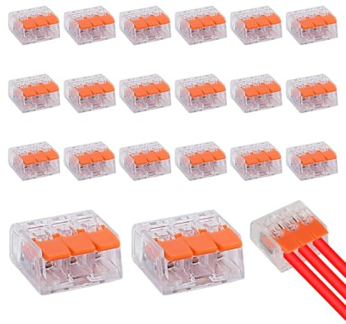 MOLZINY 20 Pièces Connecteurs Électriques Bornes de Connexion Automatique 3 Entrées Connecteur Rapide Raccord Electrique Cosse Electrique a Sertir Installation Facile et Sécurisée 3 Ports