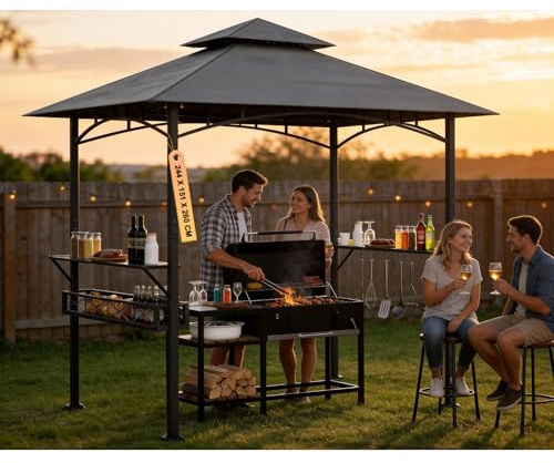 Soontrans Grillpavillon mit 2 Seitenablagen & 5 Haken & 1 Seitenablagekorb, Überdachter Grillplatz im Garten, Flammschutz Doppelsrauchabzug, 244 x 151 x 260 cm, Pavillon BBQ Pavillon aus Stahlgestell