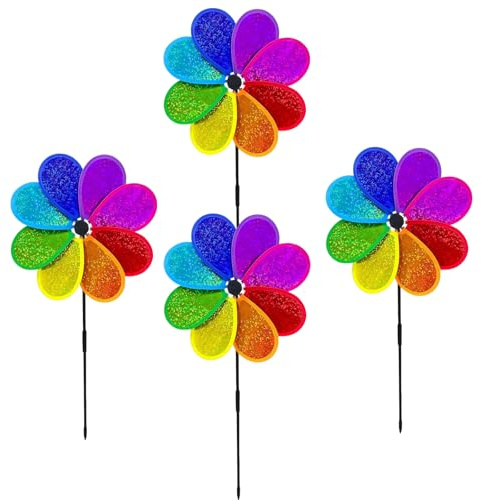 rflaueo 4Pcs Rainbow Glitter Pinwheel Windmill, Sequin windmill(L18-4) | Ideal for Garden Decor, Outdoor Yard Patio Decorations, Party Favors, Windmills for Garden Decorations, Decorate Your Lawn