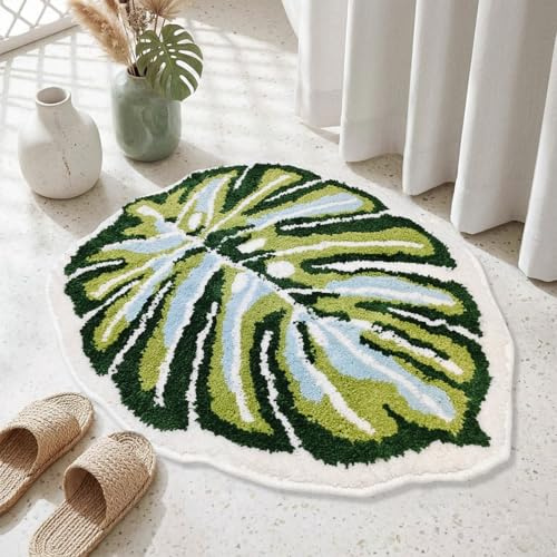 Dermalyx Niedlich Verde Alfombra Monstera Hoja, Esterilla De Baño En Forma De Planta, Pequeña Antideslizante Tapete para Ducha, Absorbente De Agua Y Lavable A Máquina Par