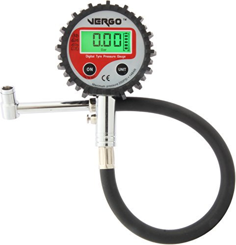 VERGO Digital Reifendruckmesser mit flexiblem Schlauch und 90 Grad Ende – 200 PSI/14 BAR – Reifendruckprüfer mit Hinterleuchtet LCD-4 Einheiten-PKW, LKW, SUV, Motorrad, Fahrrad(mit Autoventilen)
