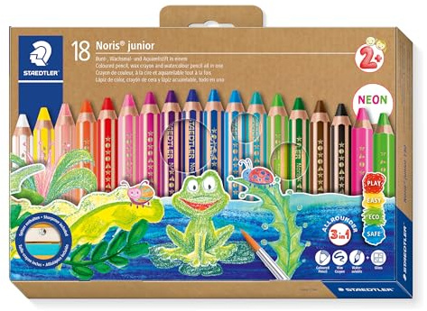 STAEDTLER Noris junior 140 Buntstifte 3 in 1 – 18er Set, mit Spitzer | Bunt-, Wachsmal- & Aquarellstift, dicke Mine – für Kinder – Art.-Nr. 140 C18