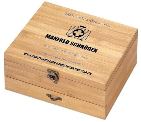 Maverton Weinöffner-Set personalisiert Weinset Sommelier Set - Geschenkbox Holzbox + 8er Weinzubehörset - aus Bambus - Braun - Geschenk zum Geburtstag für Männer - Erste Hilfe Kasten