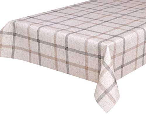 BEAUTEX Wachstuchtischdecke abwaschbar, Leinen Karo beige, Oval 140x200 | Wasserundurchlässiger Tischschutz mit versiegelter Oberfläche, pflegeleicht, robust und vielseitig für drinnen und draußen