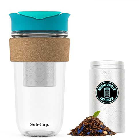 SoleCup. Large Travel Mug Loose Tea Infuser - Detachable Tea Strainer with Spill Proof Lid - 18oz/530ml BPA-Free Reusable Glass Travel Coffee Cup with Cork Band (Blue, 530ml / 18oz)