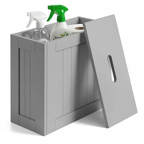 Unibos Bathroom Storage Unit, Freestanding Toilet Roll Cabinet, Compact Slimline Wooden Bathroom Storage Box, Multi Purpose Cleaning Tidy (Grey)