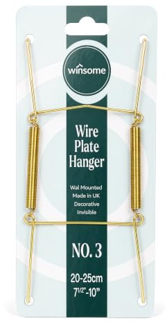 Cintres muraux invisibles pour assiettes | Présentoir décoratif en fil de fer à suspendre avec crochets à ressort avec protections de pointes pour accrocher au mur (20 à 25 cm, laiton)