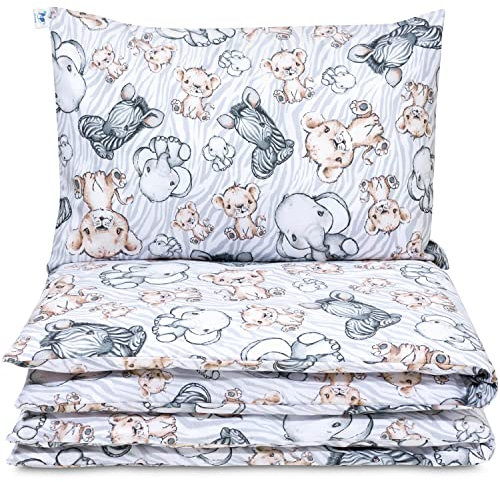 Pepi - Baby Bettwäsche Set - 135x100 cm Kinderbettdecke und Kissen 60×40 cm - Bettwäsche Baby aus Baumwolle 100% - Anti Allergisch Baby Bettdecke und Kissen - Safari