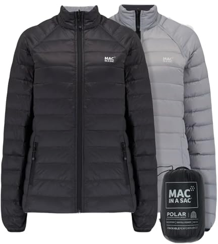 Mac in a Sac dam Polar II vändbar dunjacka – vattenavvisande, lätt, extra varm, blixtlåsfickor, 90% dun, 10% fjäder – 2 rockar i 1, Svart, grått, M
