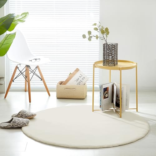 Kunst-Fell-Teppich Kurzflor | Flauschiger Wohnzimmer-Teppich, als Schlafzimmer Deko oder Kinderzimmer | rutschfest und waschbar in Waschmaschine | Creme - Rund 120cm