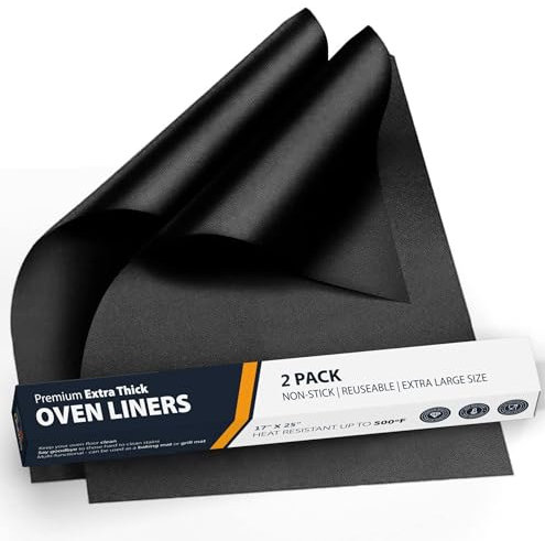 Linda's Essentials Extra Large Oven Liners for Bottom of Oven (2 Pack) - Universal Non-Stick Liner for Fan Assisted Cooking, 63.5 x 43 cm Kitchen Protector Sheets, Save Time & Clean Easily (Black)