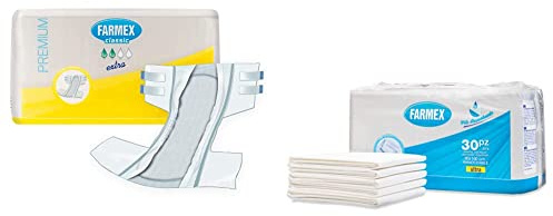 Farmex - Pannoloni per Incontinenza per Adulti - Dermatologicamente Testato, Latex-Free, Taglia XL - 30 Pezzi & Traverse Assorbenti Rimboccabili Per Letto (oppure per Lenzuola e Materassi), 30 Pezzi