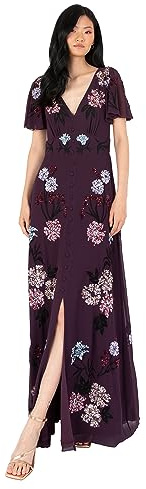 Maya Deluxe Damen Women's Maxi Ladies Embroidered Sequin Embellished Button Front Split for Wedding Guest Bridesmaid Prom Evening Dress