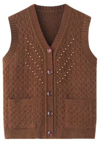 Chaleco de punto suéter para mujer de invierno con cuentas, camiseta top, color marrón