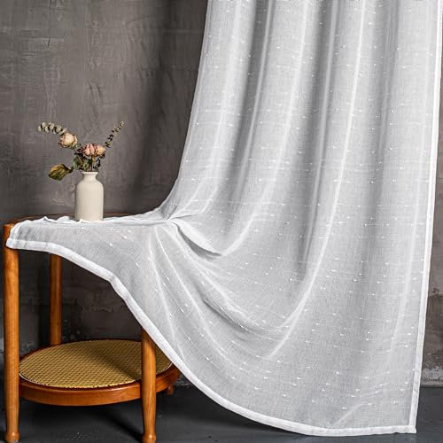 MYSKY HOME Vorhang Weiß Gardinen mit Ösen Voile Vorhänge Kinderzimmer Gardine Wohnzimmer 2er Set Modern Weiss Streifen Ösenschal Transparent Dekoschal für Schlafzimmer H 225 x B 140, Weiß.