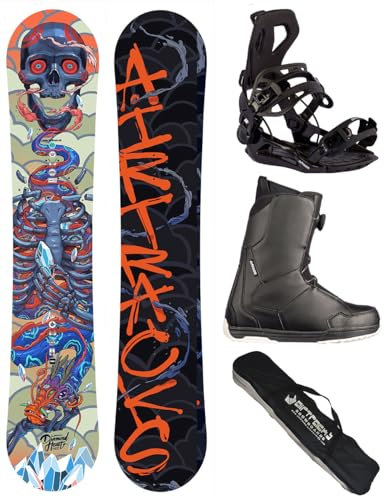 AIRTRACKS Snowboard Set Paquete Completo Tabla Diamond Heart Carbon Wide Hybrid Rocker Hombre 150 - Fijaciones Master - Botas Master ATOP 43 - SB Bag