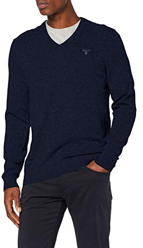 GANT Extrafine lammull V-hals, Mörk marinblå melerad, L