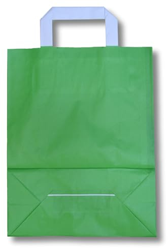 dm-folien gmbh 250 Stück Papiertragetaschen 18 x 22 cm | verschiedene Größen und Farben, 70 g/m² | bunte Papiertasche Tragetaschen Papiertüten Flachhenkel | bunt Kraftpapier (Grün, 18 x 22 cm)
