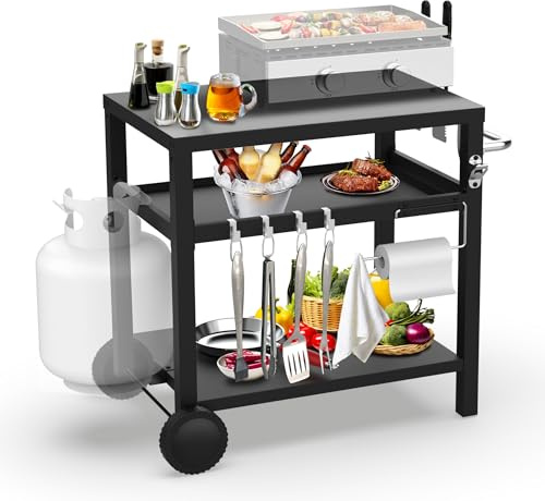BBQCuker BBQ Grill Cart 3-Shelves Outdoor Patio Kitchen Cooking Camping with Wheels/Hooks/Towel Holder/Bottle Opener Easy Assemble, Grill Stand for Picnic, Camping, 29.5 * 19.6 * 29.7 inches