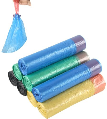 Rshuhx Müllbeutel mit Tragegriff Müllsäcke Mülltüten 120 Stück(8/Rolle) Schwarz, Grün, Blau, Gelb (für Büro, Küche, Wohnzimmer, Schlafzimmer, Haushalt Bad 10L)