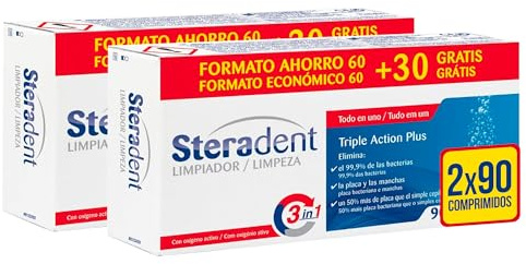 Steradent - Comprimés nettoyants pour prothèses dentaires Triple Action Plus - 60 + 30 x 2